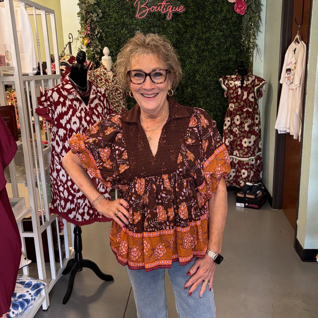 Botanical print puff sleeve top