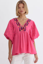 Load image into Gallery viewer, Solid v-neck short sleeve top with embroidered detail
