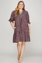 Load image into Gallery viewer, PUFF SLEEVE V NECK WITH PATCH WOVEN PRINT DRESS WITH POCKETS
