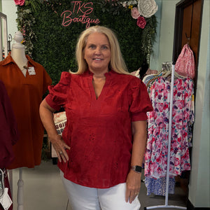 Floral embroidered short puff sleeve Top