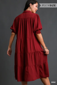 Collared Tiered Maxi Dress with Cuffed 3/4 Sleeves