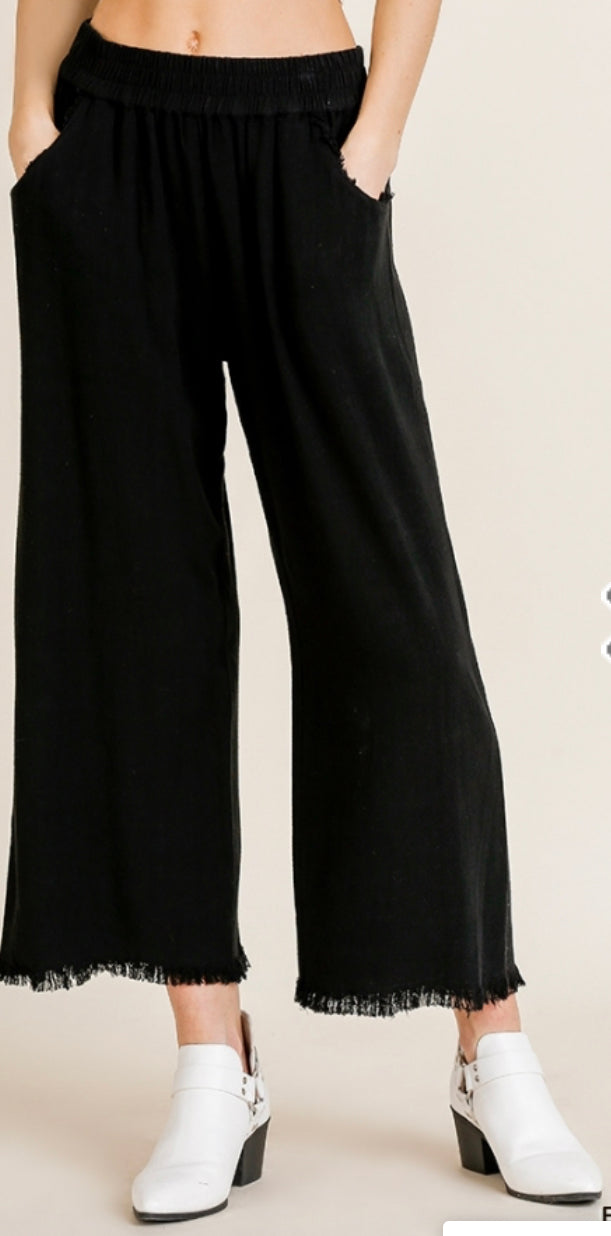 The Dianna Wide Leg Pant with Elastic Waist, Pockets, and Frayed Hem