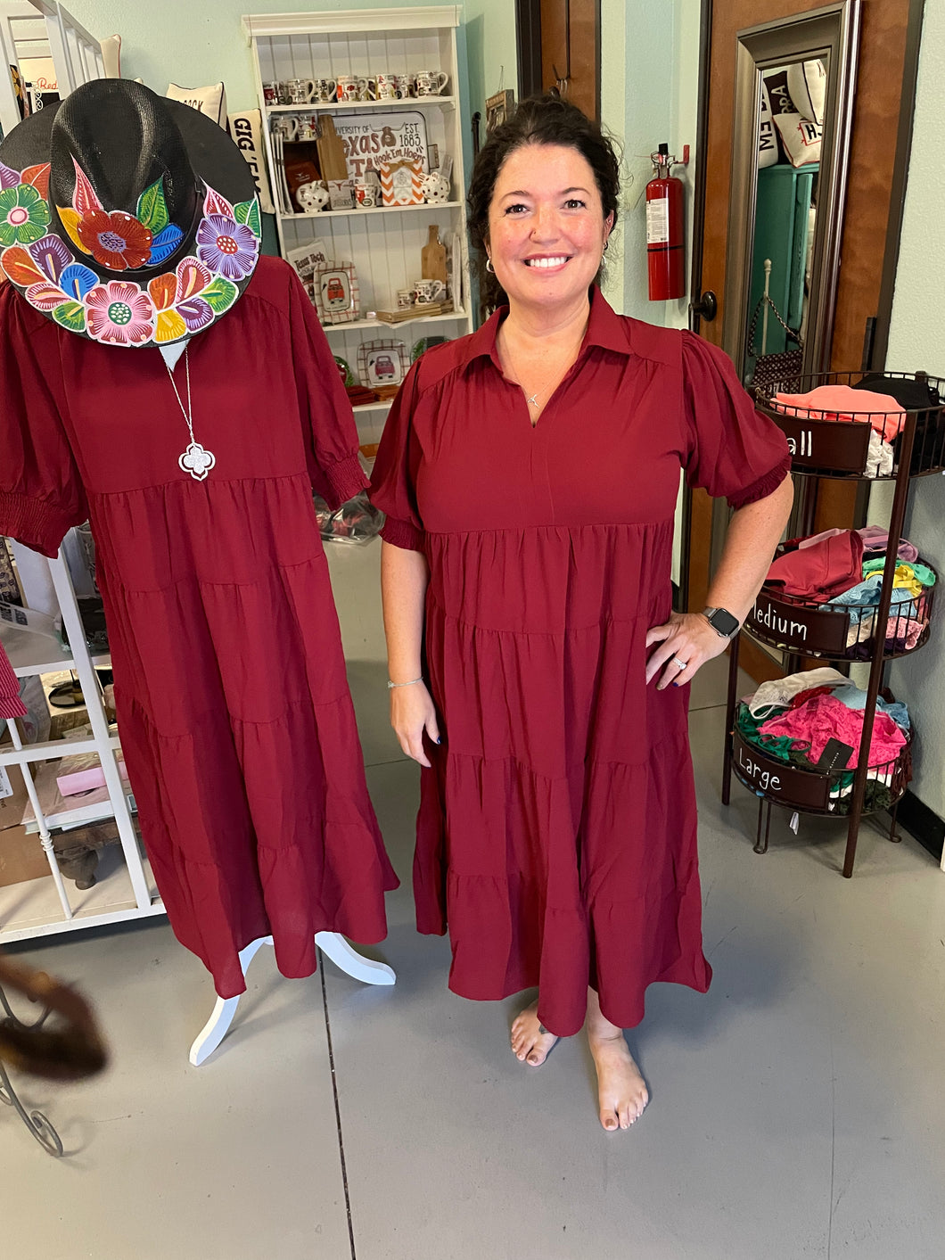 Collared Tiered Maxi Dress with Cuffed 3/4 Sleeves