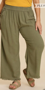 The Dianna Wide Leg Pant with Elastic Waist, Pockets, and Frayed Hem