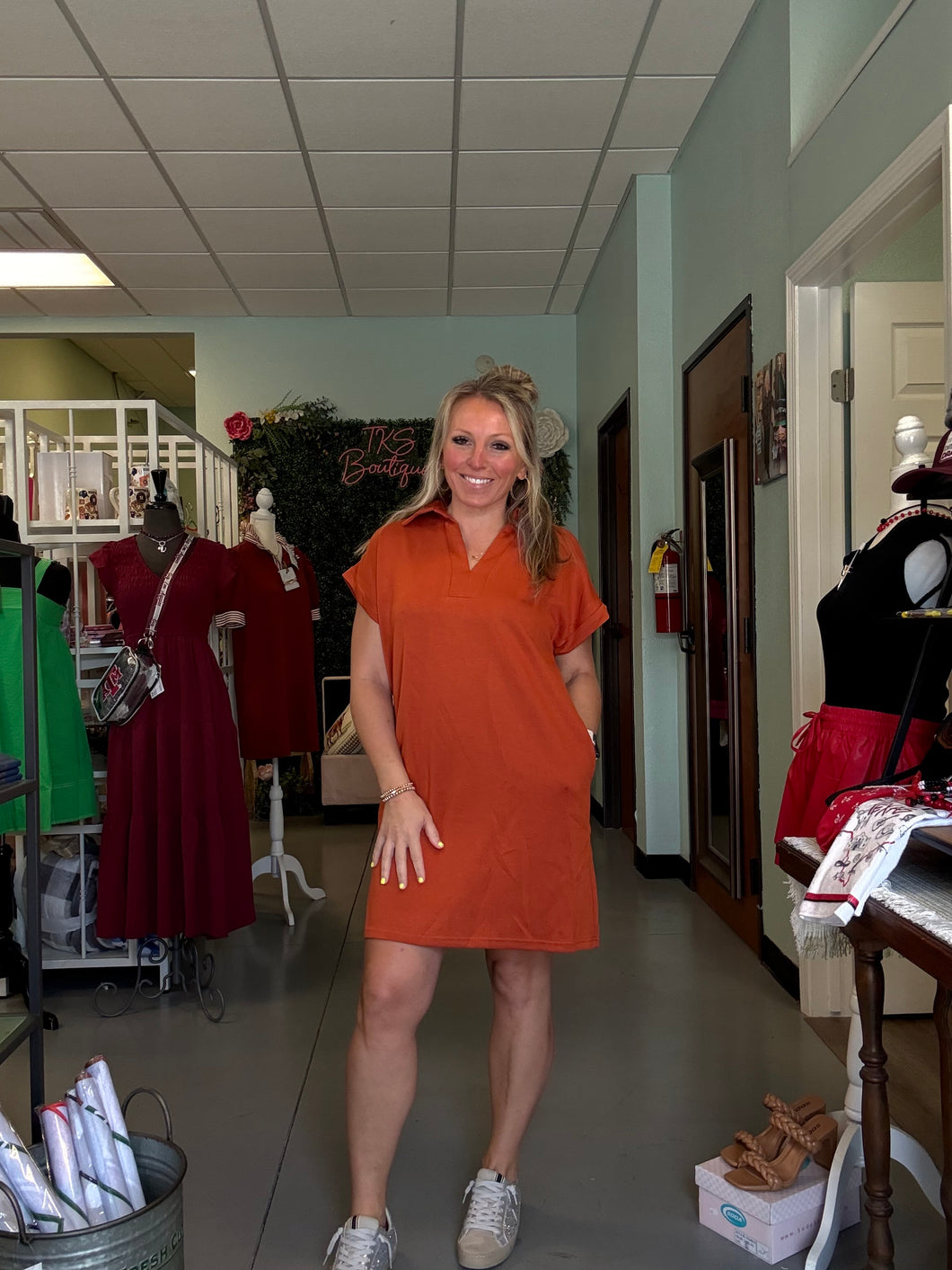 Solid vneck pullover Dress