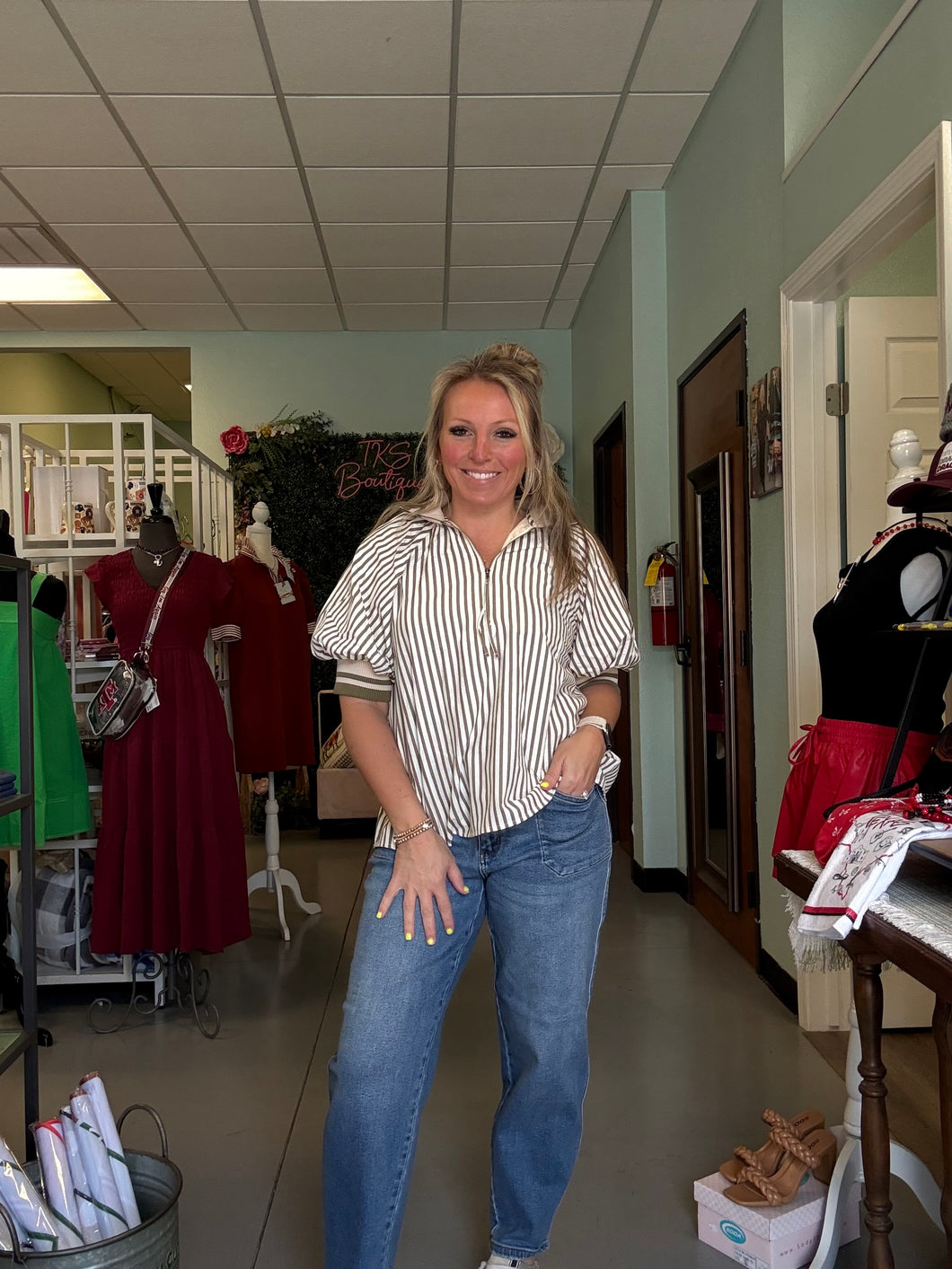 Olive stripe pattern half zip closure Top
