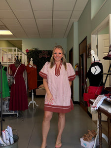 Striped dress with short lantern sleeves