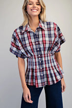 Load image into Gallery viewer, Plaid Pleated Button Down Blouse

