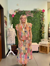 Load image into Gallery viewer, Mix Patchwork Print Ruffle Sleeve Tiered Midi Dress
