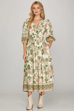 Load image into Gallery viewer, 3/4 SLEEVE V NECK BORDER PRINT WOVEN MIDI DRESS WITH POCKETS
