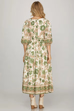 Load image into Gallery viewer, 3/4 SLEEVE V NECK BORDER PRINT WOVEN MIDI DRESS WITH POCKETS
