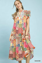 Load image into Gallery viewer, Mix Patchwork Print Ruffle Sleeve Tiered Midi Dress
