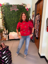 Load image into Gallery viewer, PUFF SLEEVE CREW NECK EMBROIDERED CHRISTMAS TREE SWEATER TOP WITH SCALLOPED RIB
