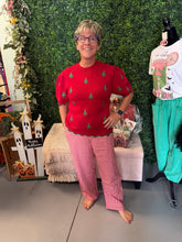 Load image into Gallery viewer, PUFF SLEEVE CREW NECK EMBROIDERED CHRISTMAS TREE SWEATER TOP WITH SCALLOPED RIB
