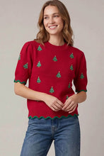 Load image into Gallery viewer, PUFF SLEEVE CREW NECK EMBROIDERED CHRISTMAS TREE SWEATER TOP WITH SCALLOPED RIB

