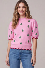 Load image into Gallery viewer, PUFF SLEEVE CREW NECK EMBROIDERED CHRISTMAS TREE SWEATER TOP WITH SCALLOPED RIB
