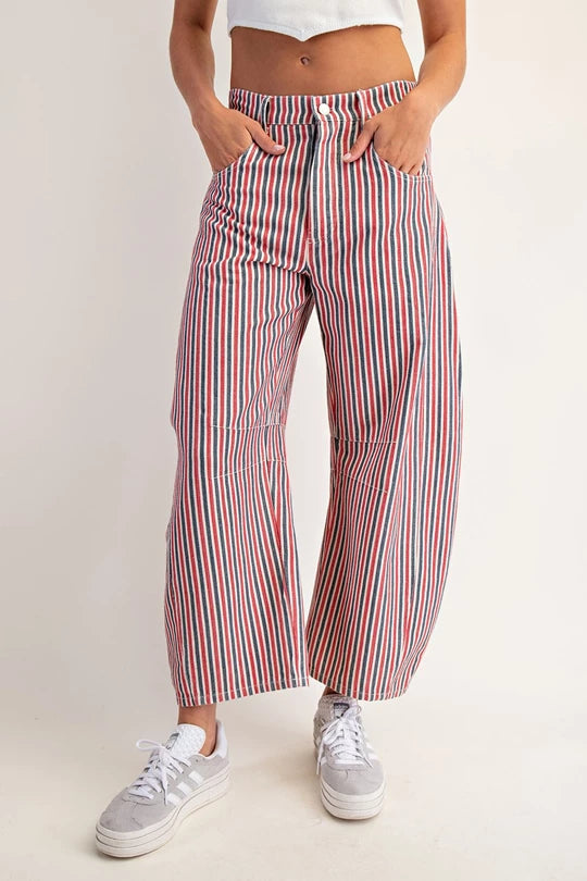 Mineral Wash Striped Barrel Leg Jeans