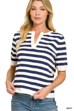 Load image into Gallery viewer, Split neck stripe short sleeve sweater
