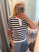 Load image into Gallery viewer, Split neck stripe short sleeve sweater

