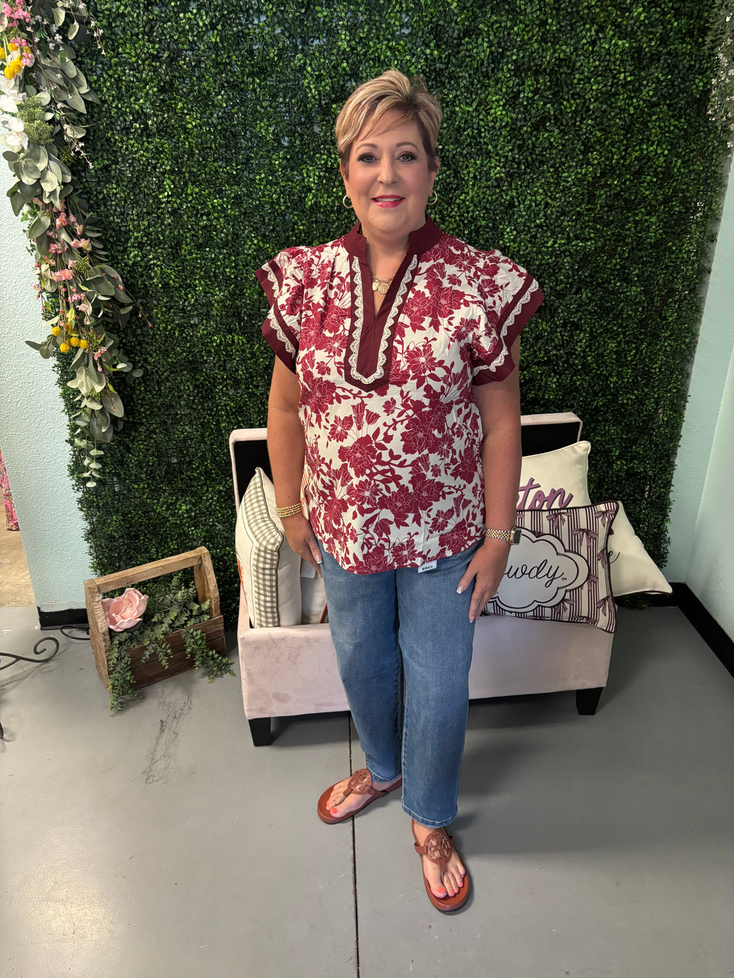 Floral Burgundy Print flutter sleeve top