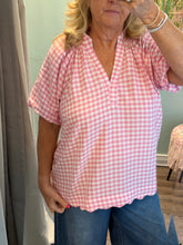 Load image into Gallery viewer, Gingham Bubble Sleeve V-Neck Top w/ Scallop Hem
