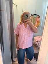 Load image into Gallery viewer, Gingham Bubble Sleeve V-Neck Top w/ Scallop Hem
