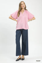 Load image into Gallery viewer, Gingham Bubble Sleeve V-Neck Top w/ Scallop Hem
