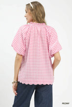 Load image into Gallery viewer, Gingham Bubble Sleeve V-Neck Top w/ Scallop Hem
