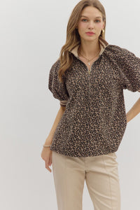 Leopard pattern, short, puffy sleeve top