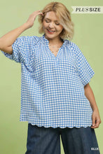 Load image into Gallery viewer, The Jamie Gingham Bubble Sleeve V-Neck Top w/ Scallop Hem
