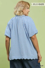 Load image into Gallery viewer, The Jamie Gingham Bubble Sleeve V-Neck Top w/ Scallop Hem
