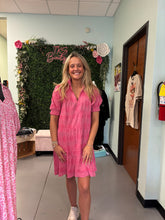 Load image into Gallery viewer, Swiss Dot Jacquard Collared Tiered Short Dress with Smocked Puff Sleeves
