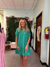 Load image into Gallery viewer, Swiss Dot Jacquard Collared Tiered Short Dress with Smocked Puff Sleeves
