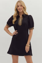 Load image into Gallery viewer, Solid puff short sleeve Leopard trimmed dress
