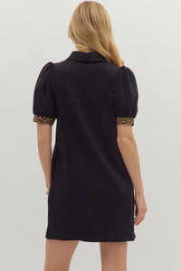 Solid puff short sleeve Leopard trimmed dress