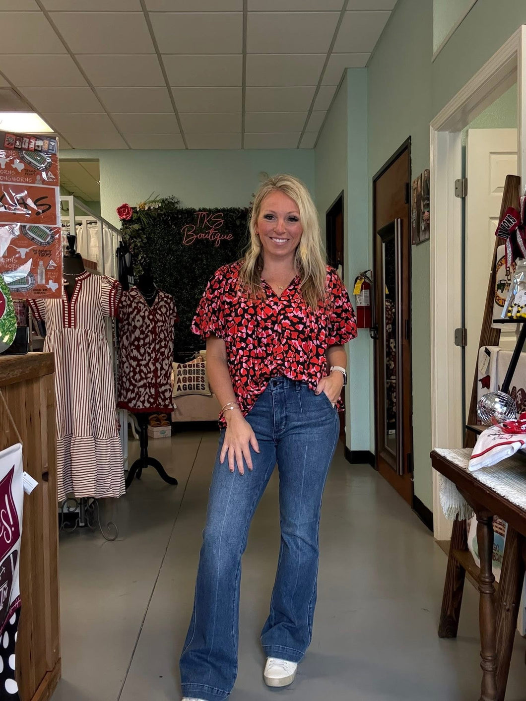 Adorable short sleeve blouse with ruffled v-neckline