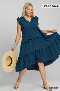 Ruffle Tiered Midi Dress with Flutter Sleeves