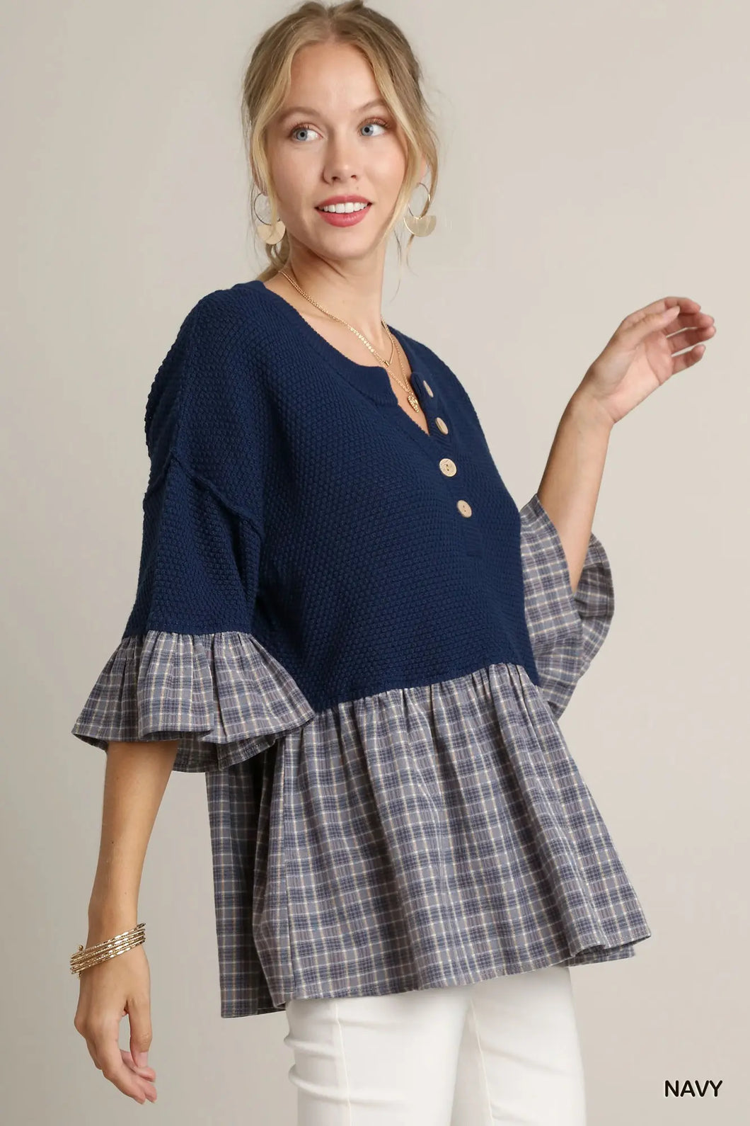 Knitted Mixed Plaid Baby Doll Top with 3/4 Bell Sleeve