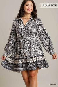 Two Tone Floral with Border Print Dress with Belt