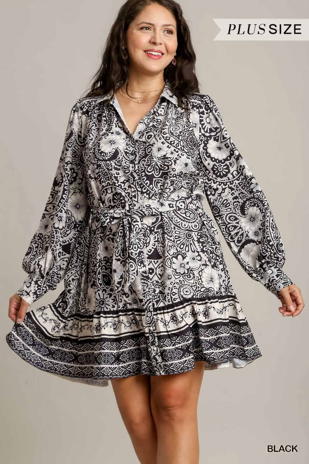Two Tone Floral with Border Print Dress with Belt