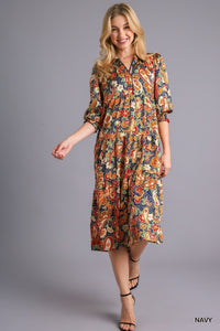 The Kellie Satin Paisley Tiered Midi Dress with Collar