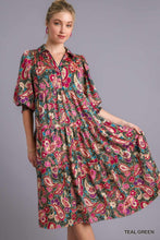 Load image into Gallery viewer, The Kellie Satin Paisley Tiered Midi Dress with Collar
