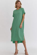 Load image into Gallery viewer, Ribbed short sleeve midi dress featuring slit at side hem. Unlined. Knit. Non-sheer. Lightweight.
