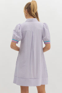 Striped short puff sleeve swing shirt dress