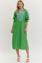 Load image into Gallery viewer, Embroidered V-neck half sleeve midi dress featuring contrast trim at neckline and sleeve.
