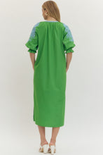 Load image into Gallery viewer, Embroidered V-neck half sleeve midi dress featuring contrast trim at neckline and sleeve.

