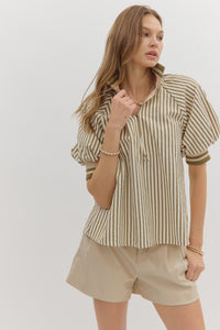 Olive stripe pattern half zip closure Top