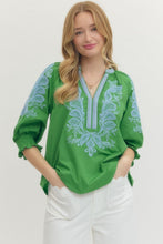 Load image into Gallery viewer, Solid embroidered 3/4 sleeve top featuring split V-neck
