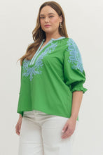 Load image into Gallery viewer, Solid embroidered 3/4 sleeve top featuring split V-neck
