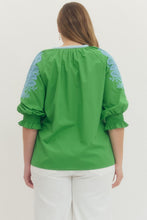Load image into Gallery viewer, Solid embroidered 3/4 sleeve top featuring split V-neck
